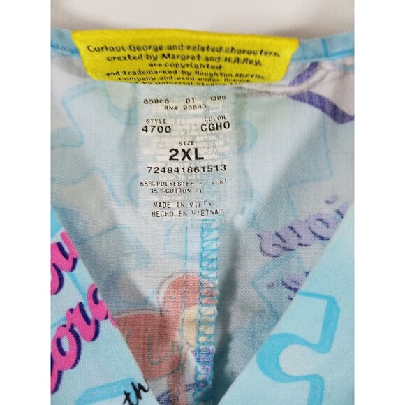 Curious George Scrub Top 2XL Puzzle Print V-Neck 65% Polyester 35% Cotton Made I - Picture 4 of 11